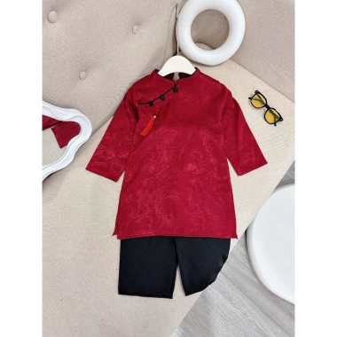 Set áo dài cách tân bé 9-27kg lụa gấm đỏ + quần đen, đồ tết cao cấp cho bé trai, bé gái - Giá chỉ 125k 9