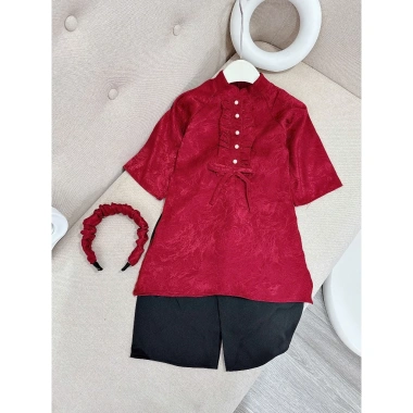 Set áo dài cách tân bé 9-27kg lụa gấm đỏ + quần đen, đồ tết cao cấp cho bé trai, bé gái - Giá chỉ 125k 10