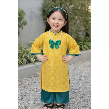Sét Áo Dài Cách Tân Dài Tay Nơ Cổ Tim Gấm Lụa Mặc Tết Bé Gái DA06 BEEKIDS Giá 129.000 VND 3