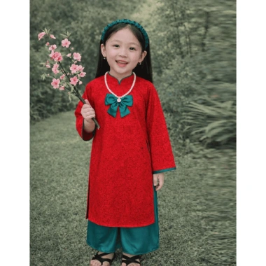 Sét Áo Dài Cách Tân Dài Tay Nơ Cổ Tim Gấm Lụa Mặc Tết Bé Gái DA06 BEEKIDS Giá 129.000 VND 7
