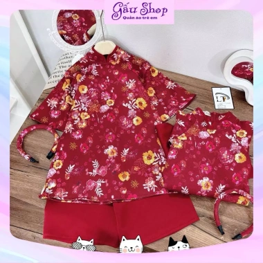 Set áo dài cách tân đỏ hoa đa sắc kèm bờm cho bé gái - Giá ưu đãi 144.415₫, hoàn hảo cho lễ tết 2