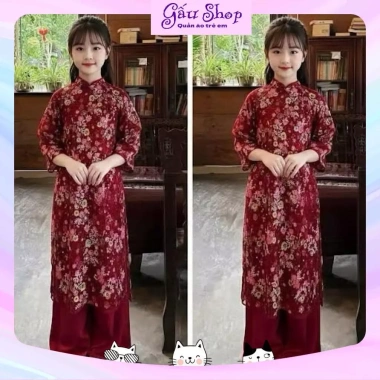 Set áo dài cách tân đỏ hoa đa sắc kèm bờm cho bé gái - Giá ưu đãi 144.415₫, hoàn hảo cho lễ tết 7