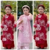 Set áo dài cách tân tơ nổi hoa trắng, quần lụa xuông + bờm cho bé gái lễ tết 155k