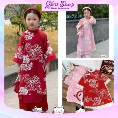 Set áo dài cách tân tơ nổi hoa trắng, quần lụa xuông + bờm cho bé gái lễ tết 155k 2