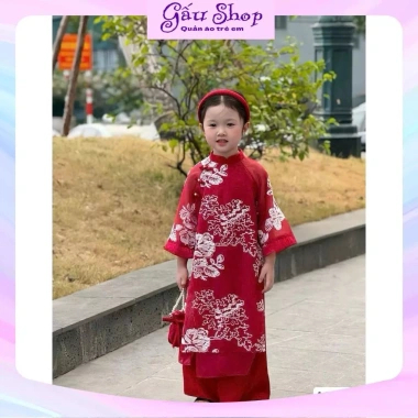 Set áo dài cách tân tơ nổi hoa trắng, quần lụa xuông + bờm cho bé gái lễ tết 155k 3