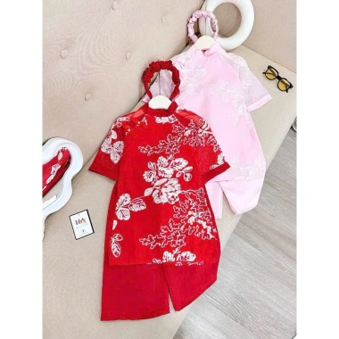 Set áo dài cách tân tơ nổi hoa trắng, quần lụa xuông + bờm cho bé gái lễ tết 155k 8
