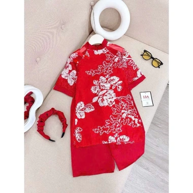 Set áo dài cách tân tơ nổi hoa trắng, quần lụa xuông + bờm cho bé gái lễ tết 155k 9