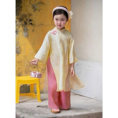 Set áo dài lụa gấm vàng nhạt + quần hồng bé gái chụp ảnh, tết, du xuân AD9 - Giá 195k 3