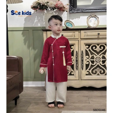 Set Áo Dài Tết Cách Tân Bé Trai Họa Tiết In Chìm - Tặng Ngọc Bội, Size 8‑28kg