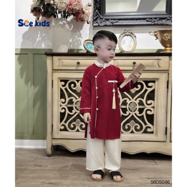 Set Áo Dài Tết Cách Tân Bé Trai Họa Tiết In Chìm - Tặng Ngọc Bội, Size 8‑28kg