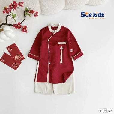 Set Áo Dài Tết Cách Tân Bé Trai Họa Tiết In Chìm - Tặng Ngọc Bội, Size 8‑28kg