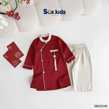 Set Áo Dài Tết Cách Tân Bé Trai Họa Tiết In Chìm - Tặng Ngọc Bội, Size 8‑28kg