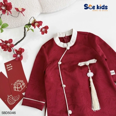 Set Áo Dài Tết Cách Tân Bé Trai Họa Tiết In Chìm - Tặng Ngọc Bội, Size 8‑28kg