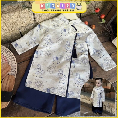 Set áo dài Thanh Mã Bé Trai Tết 2.026 Ngọ vải gấm hình ngựa đi lễ chụp ảnh 185k
