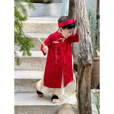 Set áo dài vải lụa gấm cho bé trai 8-20kg - Màu sáng mềm mại, phong cách Tết siêu đẹp, giá ưu đãi 195.555₫