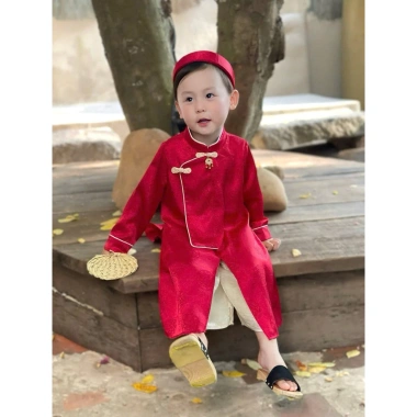 Set áo dài vải lụa gấm cho bé trai 8-20kg - Màu sáng mềm mại, phong cách Tết siêu đẹp, giá ưu đãi 195.555₫