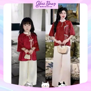 Set áo đỏ 3 nơ và quần lụa cho bé gái - Lễ tết, đi chùa, giảm còn 129.900₫ 2