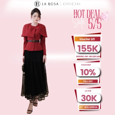 Set Áo Đỏ Đô Peplum + Cape, Chân Váy Lưới Đen Dài Sang Chảnh La Rosa - Dự Tiệc Gặp Gỡ A1.063 CV1.059 449k