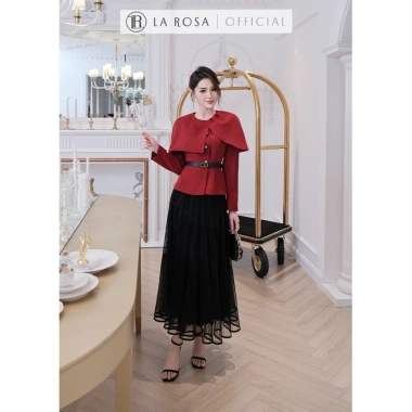 Set Áo Đỏ Đô Peplum + Cape, Chân Váy Lưới Đen Dài Sang Chảnh La Rosa - Dự Tiệc Gặp Gỡ A1.063 CV1.059 449k