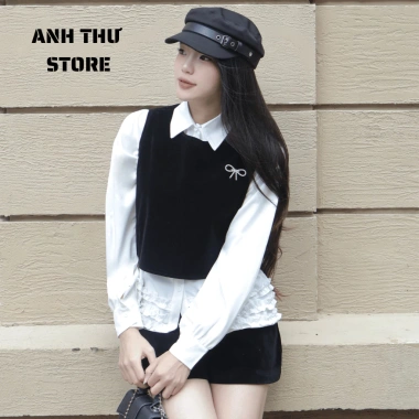 Set Áo Sơ Mi Dài Tay Gấu, Croptop Nhung, Nơ Đá Cài Bigsize - Đồ Bộ Nữ Sang Chảnh Form Rộng, Giá 169.000 VND 5