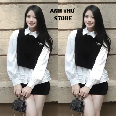Set Áo Sơ Mi Dài Tay Gấu, Croptop Nhung, Nơ Đá Cài Bigsize - Đồ Bộ Nữ Sang Chảnh Form Rộng, Giá 169.000 VND 6