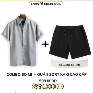 Set áo sơ mi lụa tay ngắn 8.069 + quần kaki nam lưng chun 4.103 - Giá ưu đãi 262k, trẻ trung thời trang LADOS-7.103 7
