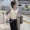 Set áo sơ mi sọc dài tay + chân váy dài + áo gile khoác ngoài - Đầm công sở sang trọng, giá chỉ 215.000 VND
