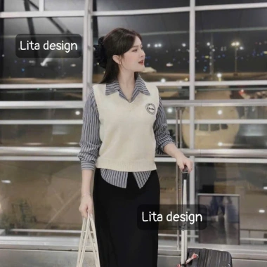 Set áo sơ mi sọc dài tay + chân váy dài + áo gile khoác ngoài - Đầm công sở sang trọng, giá chỉ 215.000 VND