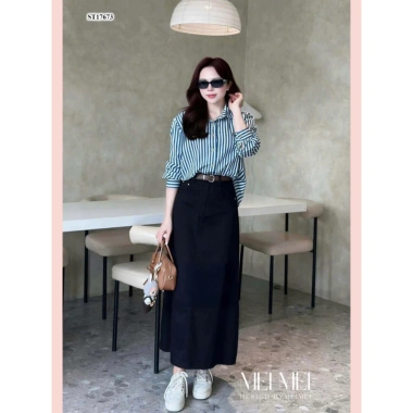 Set áo sơ mi sọc xanh + chân váy dài đen công sở thanh lịch MeiMei ST17.673 - Giá chỉ 400.000₫ 9
