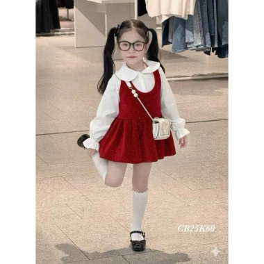 Sét áo sơ mi tay bo + váy yếm nhung, tag nơ cài cho bé gái đỏ đen, giá ưu đãi 129.999đ 6