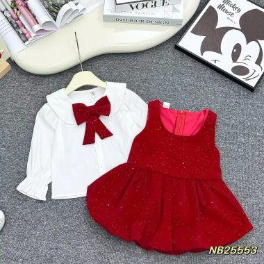 Sét áo sơ mi tay bo + váy yếm nhung, tag nơ cài cho bé gái đỏ đen, giá ưu đãi 129.999đ 7