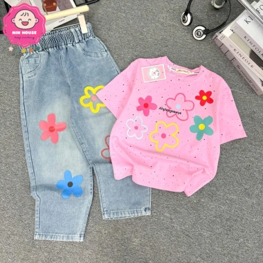 Set áo thun cotton hoa và quần jean bé gái 23-52kg, xinh xắn đi học, đi chơi - Giá 249.000₫