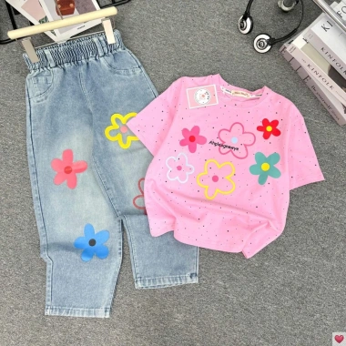 Set áo thun cotton hoa và quần jean bé gái 23-52kg, xinh xắn đi học, đi chơi - Giá 249.000₫