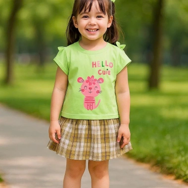 Set áo thun hình Thỏ dễ thương, chân váy caro xòe cho bé gái – Giá chỉ 165.000đ