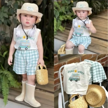 Set Ba Lỗ Bé Trai Surf Vibes quần sọc caro xanh chất liệu mềm mát giá ưu đãi 145k