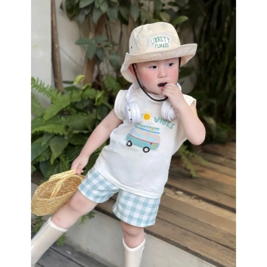 Set Ba Lỗ Bé Trai Surf Vibes quần sọc caro xanh chất liệu mềm mát giá ưu đãi 145k
