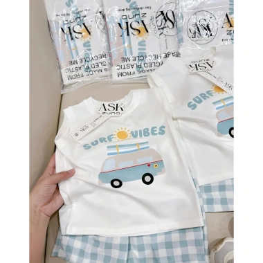 Set Ba Lỗ Bé Trai Surf Vibes quần sọc caro xanh chất liệu mềm mát giá ưu đãi 145k