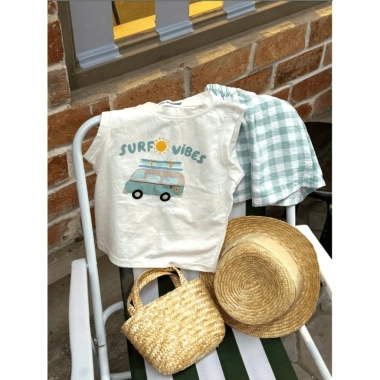 Set Ba Lỗ Bé Trai Surf Vibes quần sọc caro xanh chất liệu mềm mát giá ưu đãi 145k