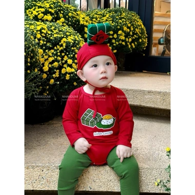 Set bánh chưng đỏ Tết 2.026 cho bé trai - bé gái kèm nón cotton chất lượng, giá chỉ 139.000 VND 4