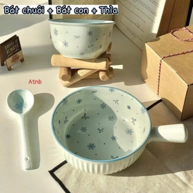 Sét Bát 3 Món Bát Chuôi Cầm + Bát Nhỏ + Thìa Hoa Tiết Hoa Tuyết A.T - Hộp Xốp 122k