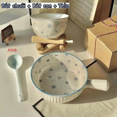 Sét Bát 3 Món Bát Chuôi Cầm + Bát Nhỏ + Thìa Hoa Tiết Hoa Tuyết A.T - Hộp Xốp 122k