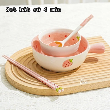 Sét Bát 4 Món Hình Quả Dâu Hồng: Giá Ưu Đãi 145k, FREE SHIP