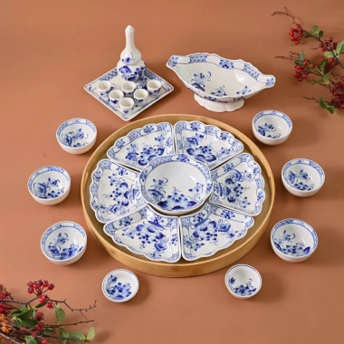 SET Bát Đĩa Hoa Mặt Trời Bộ Cúng Gia Tiên - Hoa Sen Xanh Đen Gốm Sứ Giá 250k