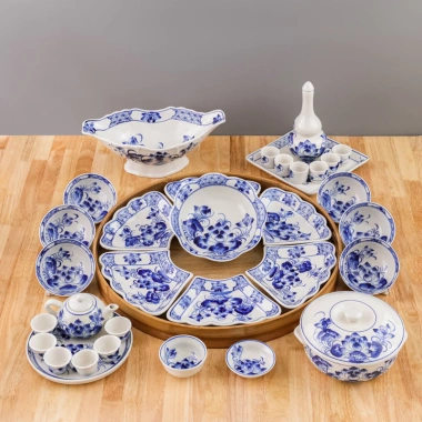 SET Bát Đĩa Hoa Mặt Trời Bộ Cúng Gia Tiên - Hoa Sen Xanh Đen Gốm Sứ Giá 250k