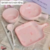 Sét Bát Nơ Hồng Trắng 5 món - Đĩa chuôi cầm mẫu vuông A.B, 155k, free ship