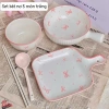 Sét Bát Nơ Hồng Trắng 5 món - Đĩa chuôi cầm mẫu vuông A.B, 155k, free ship 2