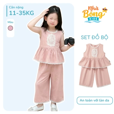 Set bé gái áo sát nách viền ren và quần ống rộng màu hồng, vải mềm nhà bông giảm 22%