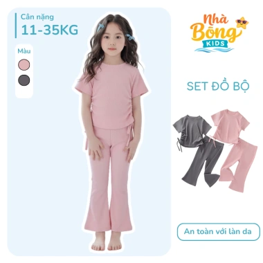 Set Bé Gái Gân Tăm Áo Tay Ngắn Rút Eo Quần Ống Loe Nhẹ Mềm Giá 165.240₫