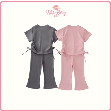 Set Bé Gái Gân Tăm Áo Tay Ngắn Rút Eo Quần Ống Loe Nhẹ Mềm Giá 165.240₫