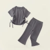 Set Bé Gái Gân Tăm Áo Tay Ngắn Rút Eo Quần Ống Loe Nhẹ Mềm Giá 165.240₫ 10